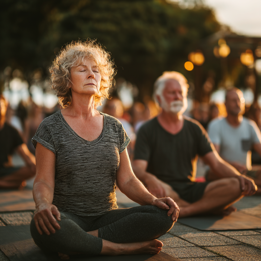 Пожилі люди займаються йогою